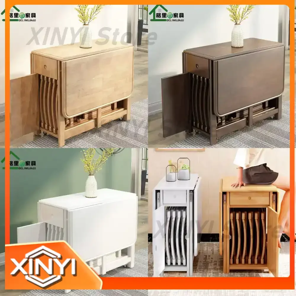 Foldable Wooden Dining Table and Chair Set for Small Spaces Modern Minimalist Rectangular Extendable Mobile Dining Table for