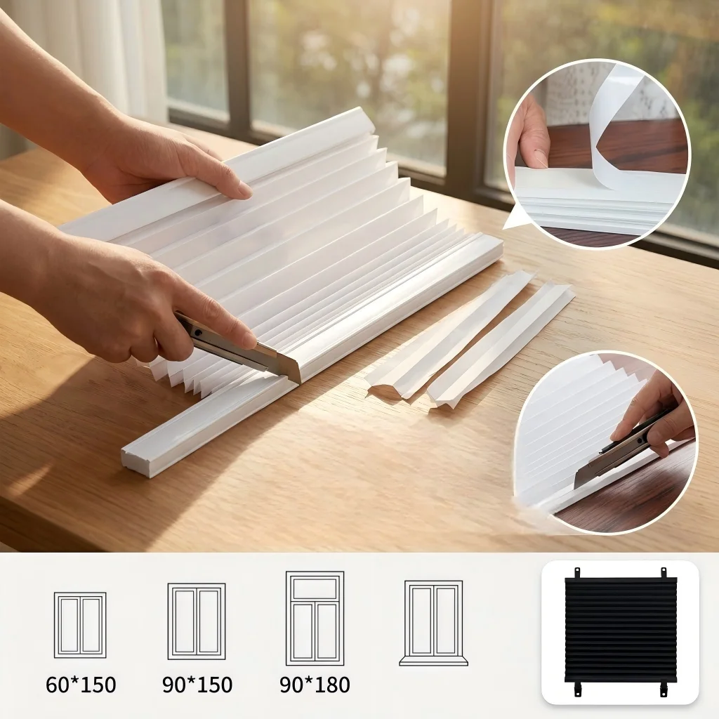 No‑Drill Self‑Adhesive Pleated Window Curtain Foldable Light Blocking Shade Curtain for Apartment Bedroom Living Room Decoration
