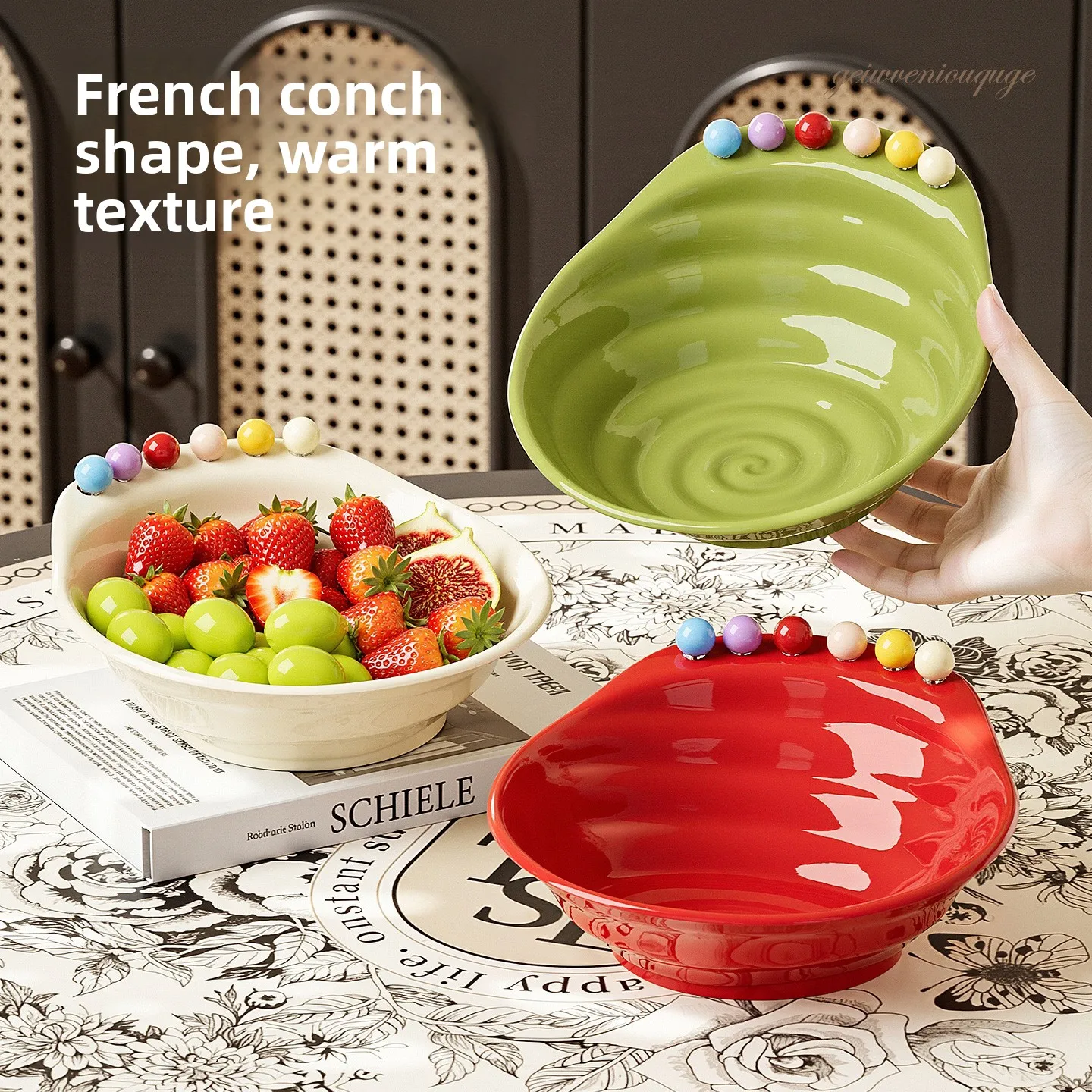 1pcs Creative Conch Shaped Ceramic Fruit Bowl Colorful Bead Decor Serving Tray Salad Dessert Snack Plate Home Table Decor