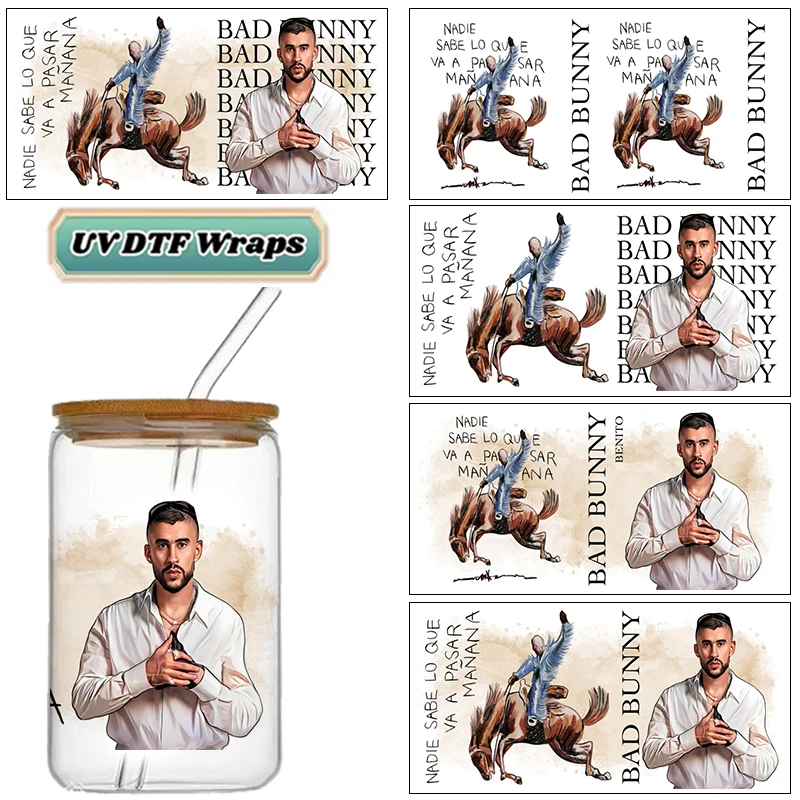 Latino Reggaeton Singer Bad Bunny UV DTF Wraps, Cowboy Horse Art Stickers for 16oz Glass Cans, Waterproof DIY Decals
