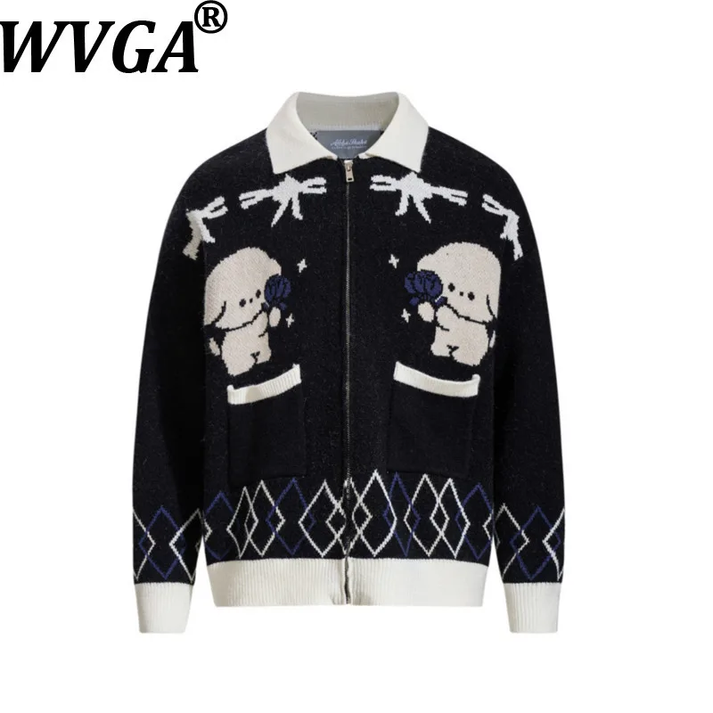 

WVGA Spring Autumn New Man Tide Jacquard Trendy Knit Sweater Jacket Niche Chic Casual Turn-Down Collar Cardigan Coats Ins W13932