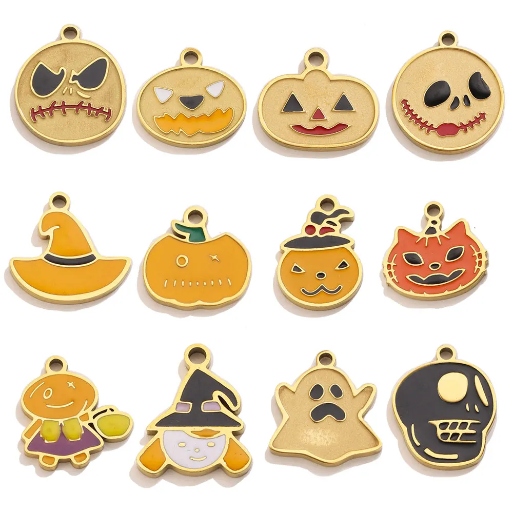 5pcs Stainless Steel Enamel Charms For Jewelry Making Pumpkin Pendants Halloween Jewelry Charm Ghost Handmade Pendant Material