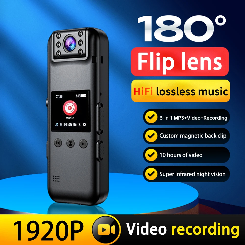 

2024 New MP3 Music Camera 1920P HD Video Recorder with Screen Support Wireless Headphone Camera Night Vision Backclip Recorder