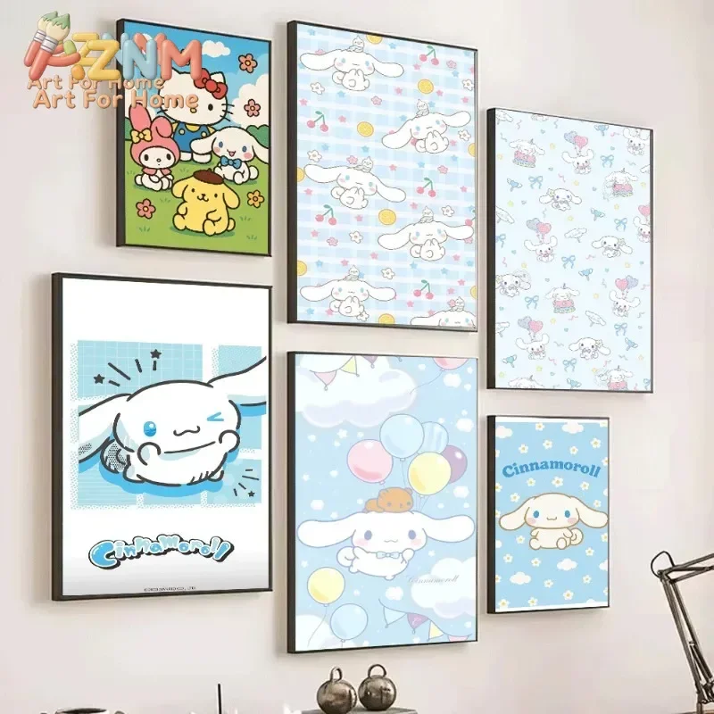 AZNM Sanrio Hello Kitty My Melody Cinnamoroll Pompompurin Canvas Poster, Cute Cartoon Wall Art, Home Bedroom Decor, Unframed Pai