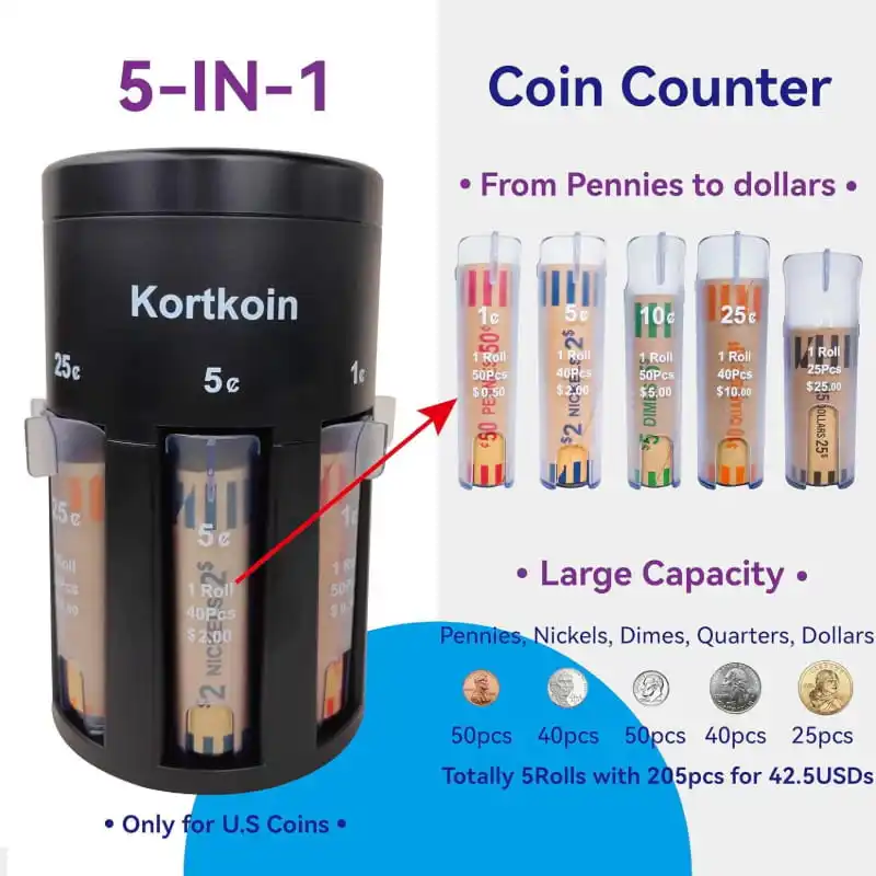 5-in-1 Rotatable Base US Coin Sorter Counter, Automatic Coin Sorting Machine with Coin Tubes