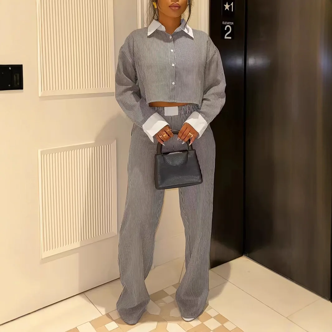 

2025 New Fashion Printed Button Shirt + Wide Leg Pants Two-piece Set For Women Summer Casual Loose Top And Pants Suit For Women