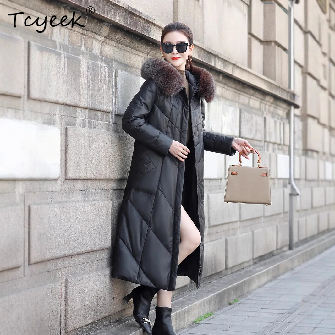 Tcyeek 리얼 양가죽 화이트 덕다운 가을 겨울 고급 후드 롱 여성용 천연 가죽 재킷