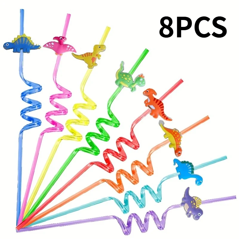 8PCS Dinosaur Straw, with Cartoon Patch, Spiral Creative Straw, Party Gift, Reusable, Very Suitable for Home Use, Party Use