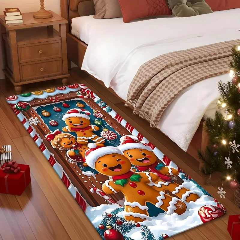 Stylish Printed Long Runner Rug Christmas Gingerbread Man Candy Cane Winter Scenery Carpet Indoor Floor Rug for Christmas