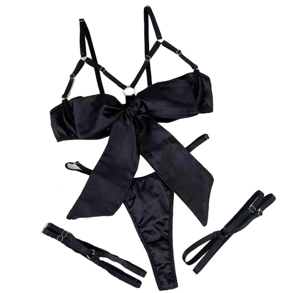

Pajamas Bow Underwear Three Piece Set Ruffle Hollow Out Satin Silk Bra Suit Women Lingerie Sweet Women Lingerie Set Home