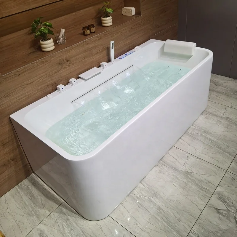 &c Pure White Rectangle Portable vortex Bathtub Modern European Minimalist Style Waterfall Bubble Bath Soaking Hydraulic Massage