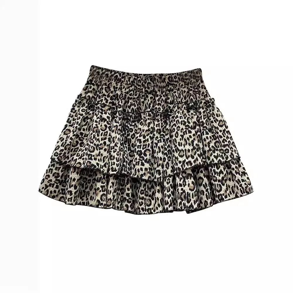 

Leopard print ruffled cake skirt for women in summer new high-waisted fluffy skirt elastic waist short skirt pleated