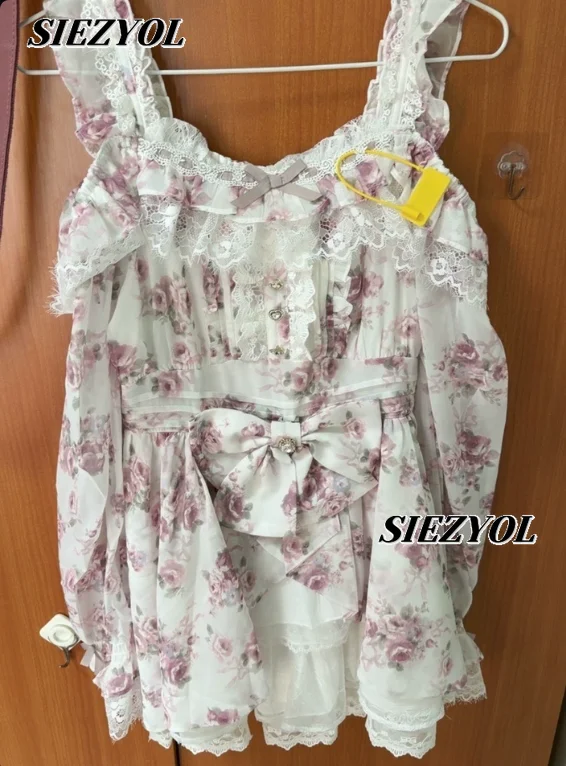 

Japanese Sweet Liz Ruffle Bow Lace Tie-up Dress Off-shoulder Long Sleeve Printed Ribbon Dresses and Skirt Two Piece Set