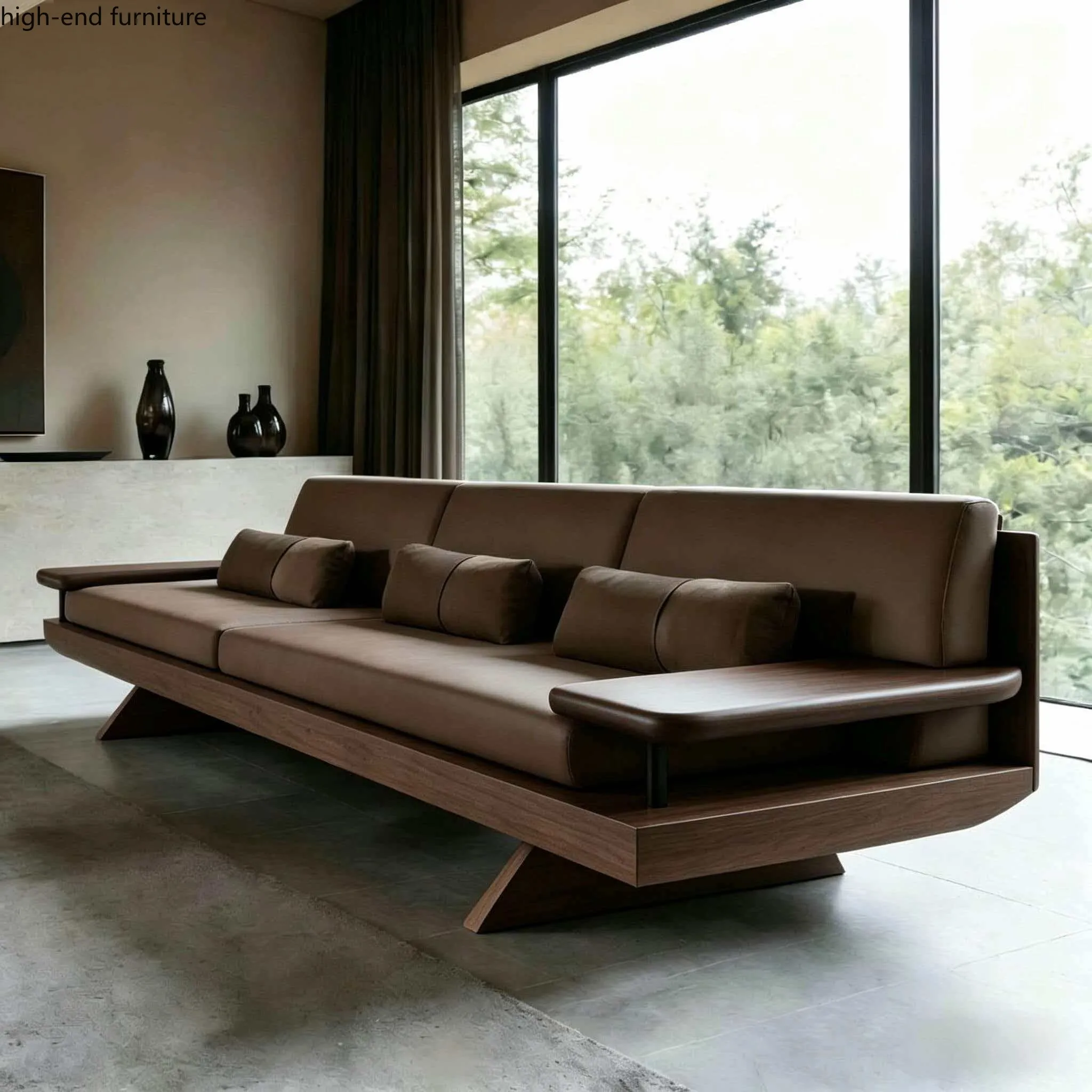 New Chinese black walnut color, solid wood sofa, new modern simple and high-end living room fabric sofa