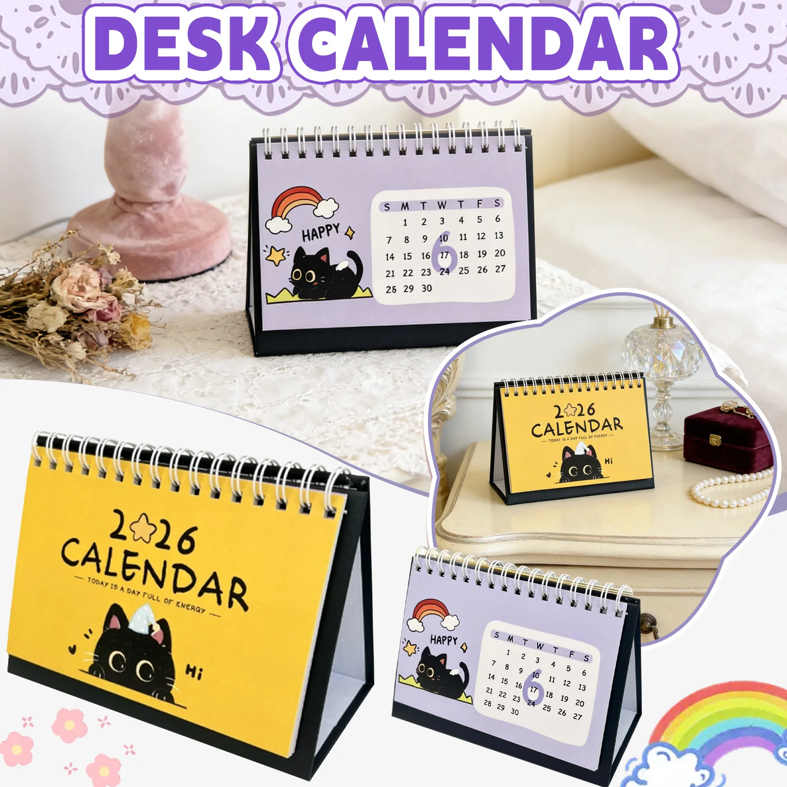 

Мини-календарь с милым мультяшным котом на 2026 год, календарь с черным котом, настенный календарь, простой настольный календарь, календарь с надписью/планировщик