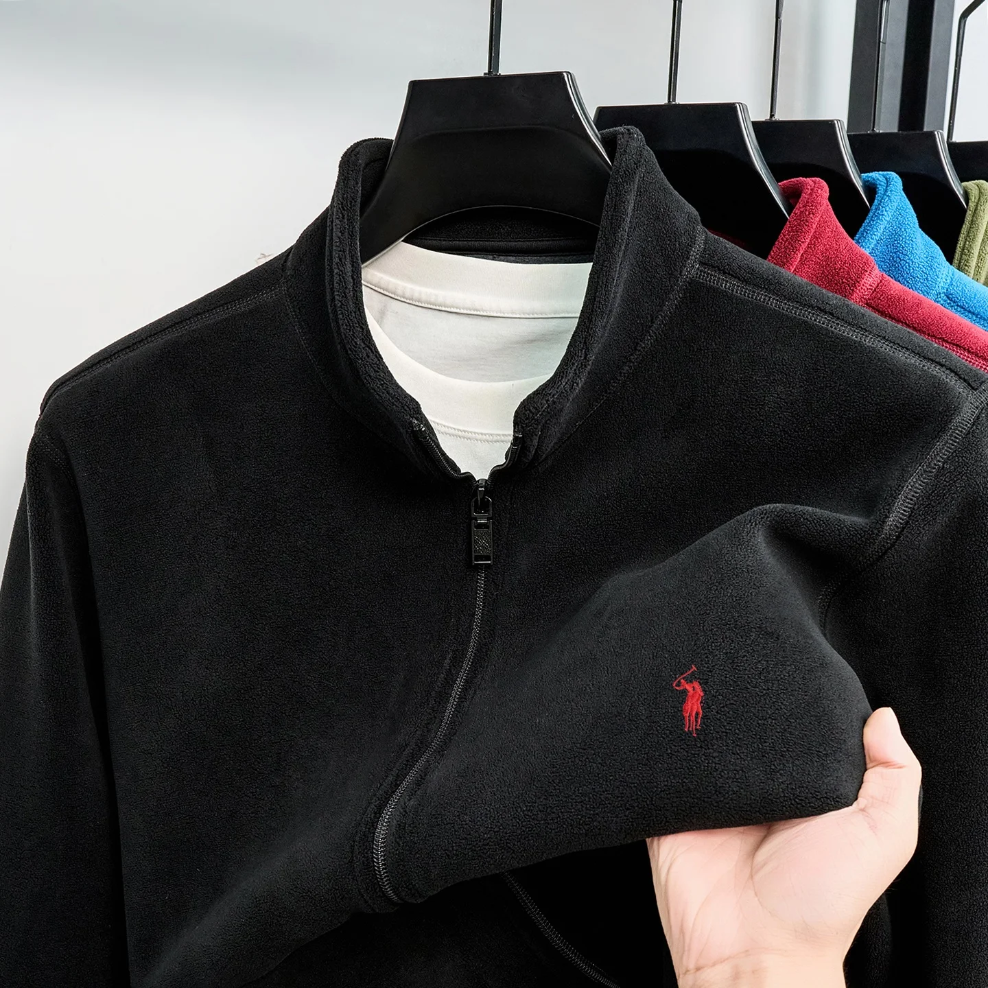 Designer Brand Luxury Men's Zipper Stand Collar Coat High-Quality Paul Pony Embroidery Winter Velvet Comfort Warm Casual Jacket