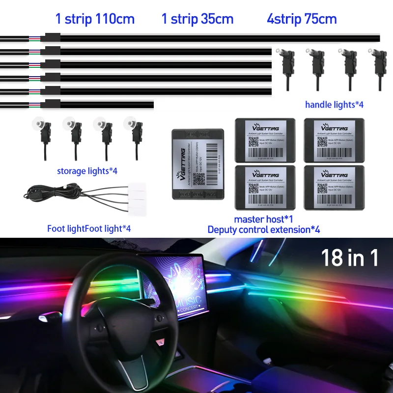 Full Color Streamer Auto Omgevingslichten RGB 64-kleuren Universeel LED-interieur Verborgen acrylstrip Symfonie Sfeerlamp