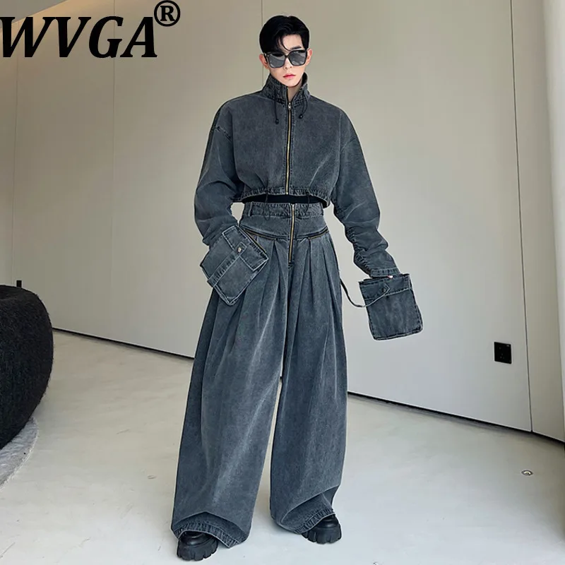 WVGA Spring Autumn New Men Tide Design Washed Vintage Trendy Denim Jacket Niche Chic Casual Wide-Leg Jeans Two Pieces Set W17012