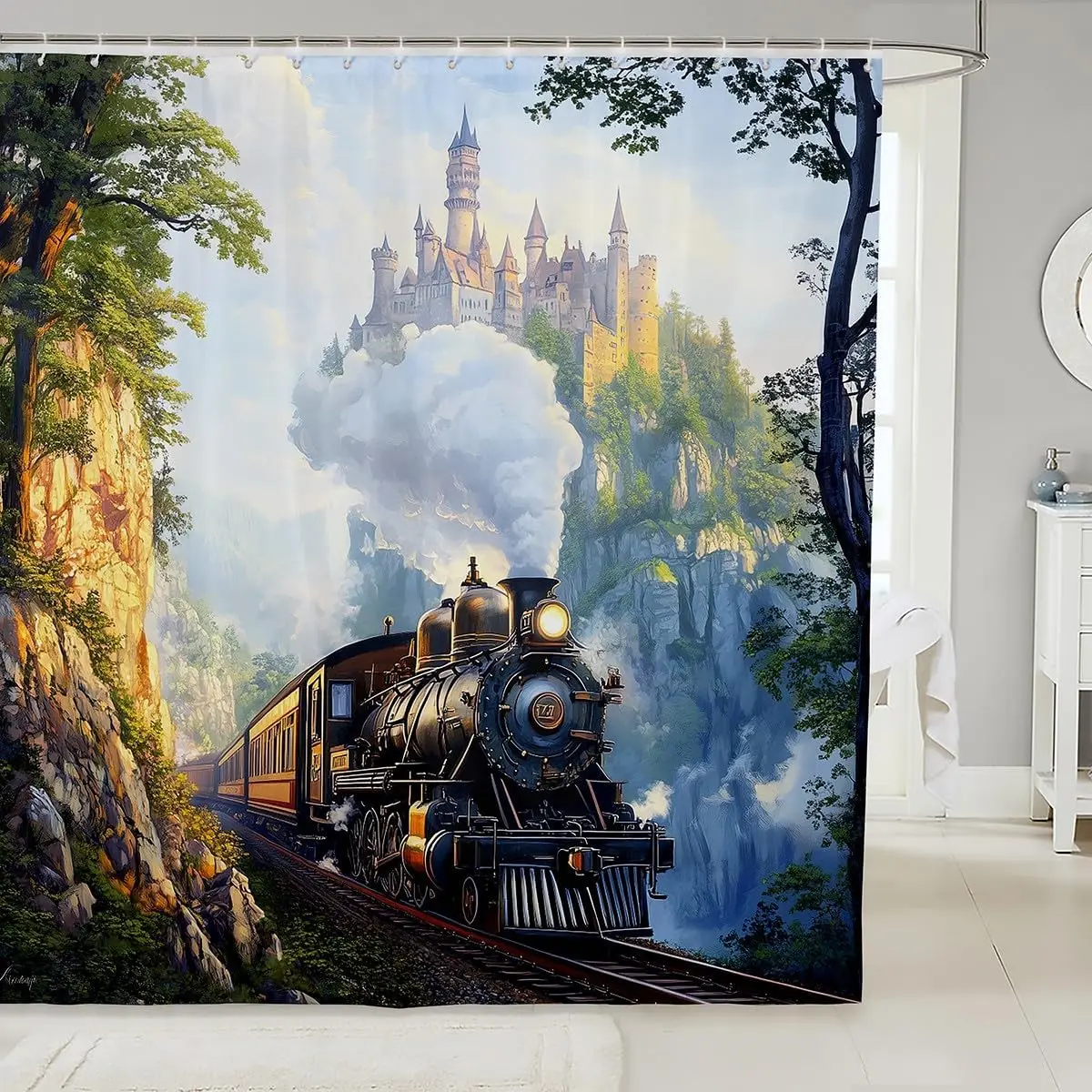 

Vehicles Fabric Shower Curtain Train Track Shower Curtain,Castle Landscape Nature Bathroom Shower Curtain Sets for Kids Boys