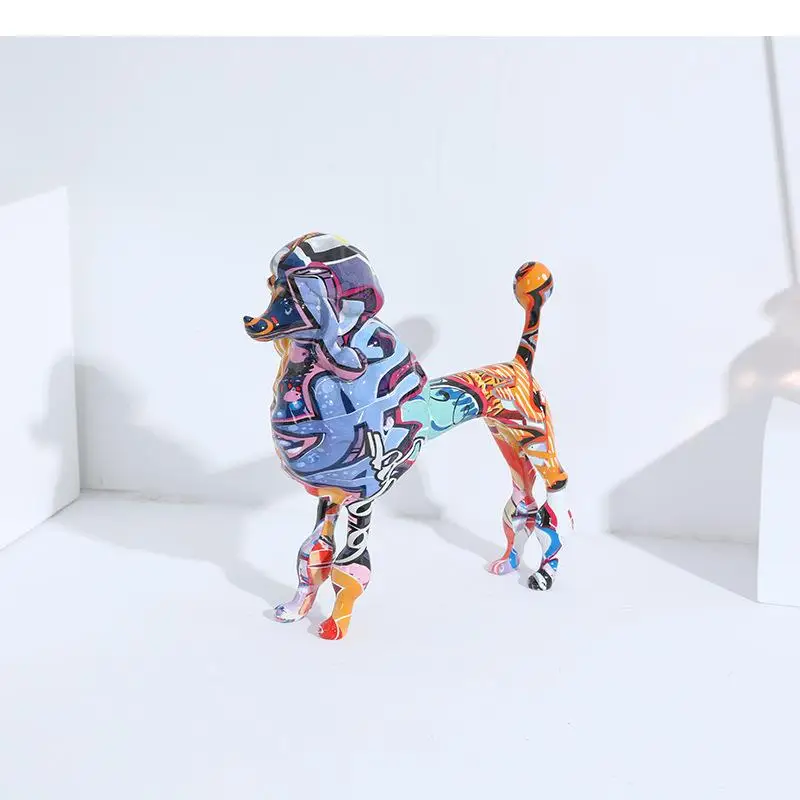 Graffiti Poodle Dog Sculpture Desk Decoration Painted Crafts Animal Statue Ornaments Modern Decor Colorful