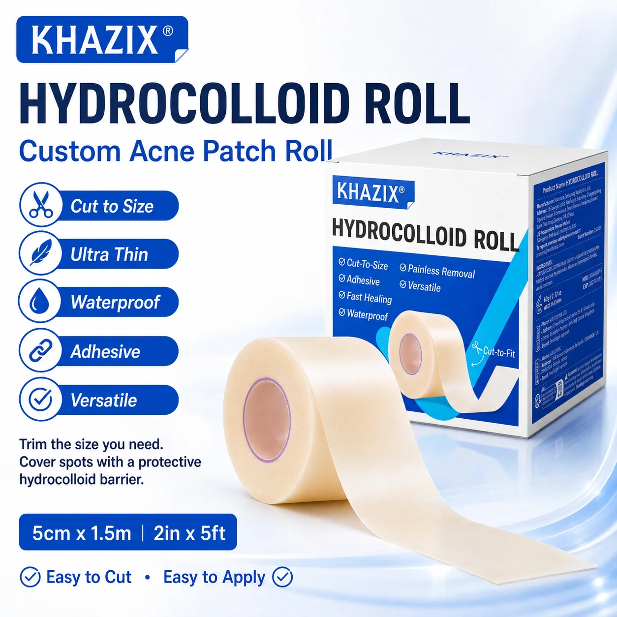 1roll Hydrocolloid Acne Patch Roll, Cut-to-Size Ultra Thin Waterproof Adhesive Blemish Cover Tape for Face & Skin
