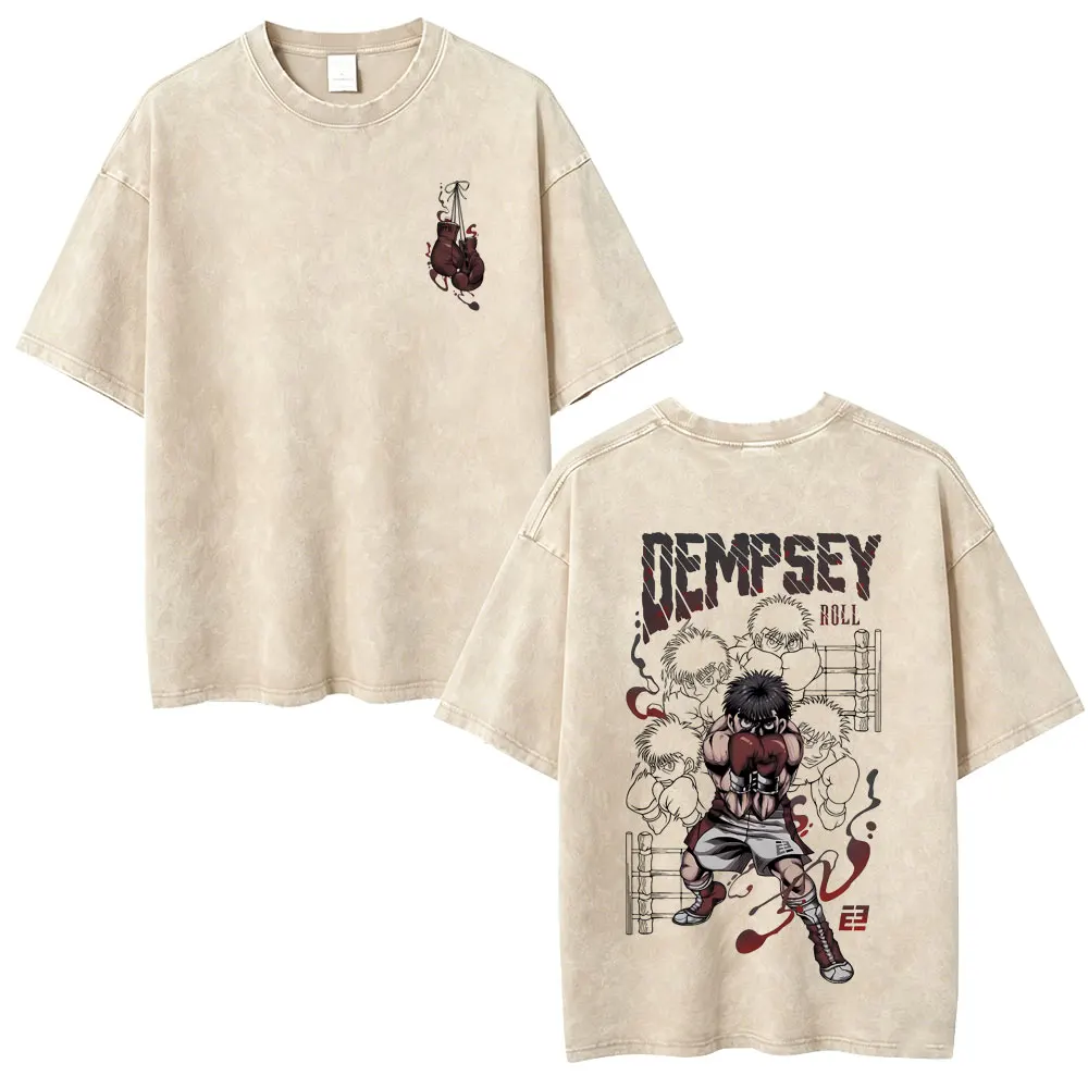 Anime Hajime No Ippo Kamogawa Boxing Dempsey Roll Vintage Washed T-shirt Makunouchi Takamura KGB T Shirt Men Oversized T-shirts
