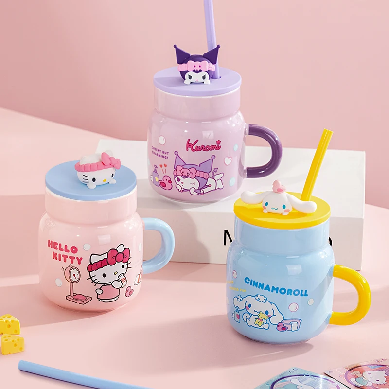 Sanrio 450ml Ceramic Mug Hello Kitty Kuromi Cartoon Water Cups With Straw & 3D Lid Home Office Coffee Cup Tea Cup Drinkware Gift