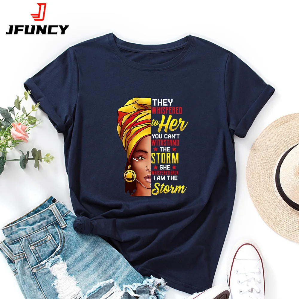 

JFUNCY Women T-shirt Female Short Sleeve Tshirt African Black Girl Print Tops Woman Loose Shirts Summer Cotton Clothes