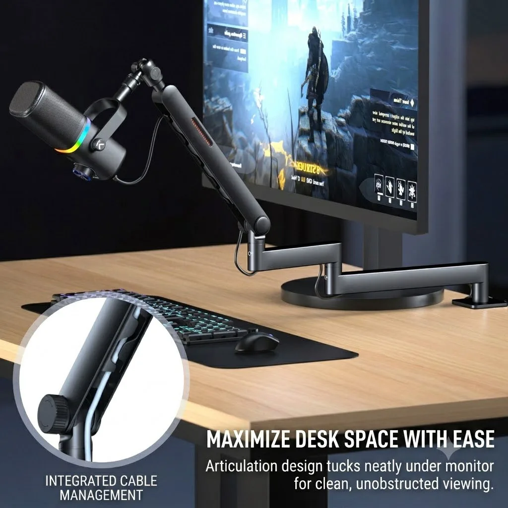 Microphone Stand 3-section boom arm sturdy suspension mic arm foldable desktop mount stable support for live content creation