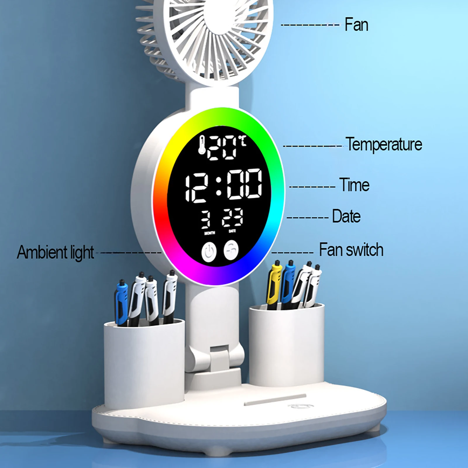 Multifunction Table Lamp LED 2-headed Folding with Fan Calendar Clock USB Rechargeable Desk Light 3200mah Battery Reading Lamp