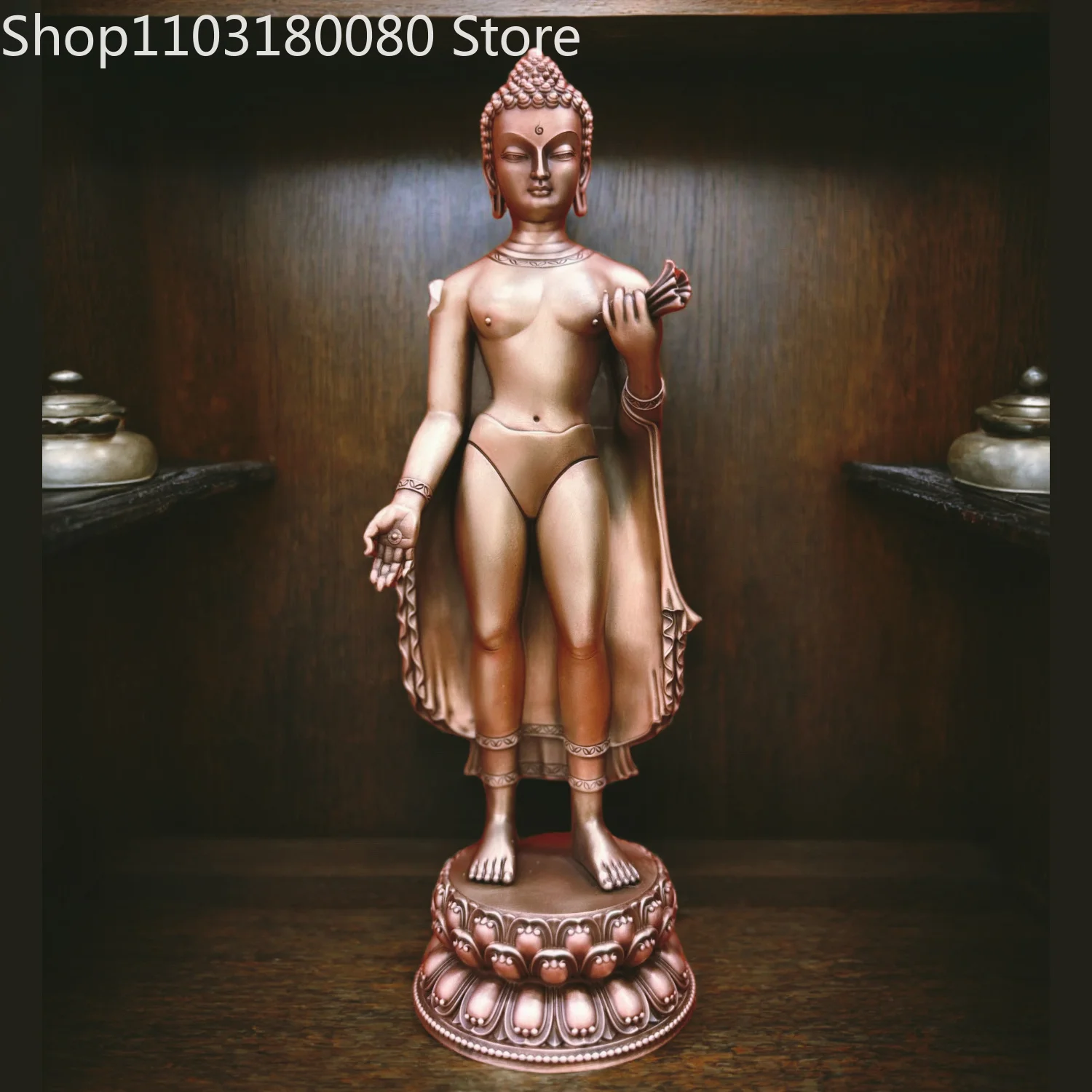 23cm Red Copper Hand Carved Standing Shakyamuni Buddha Statue Tibetan Buddhism Gautama Figurine Altar Decor