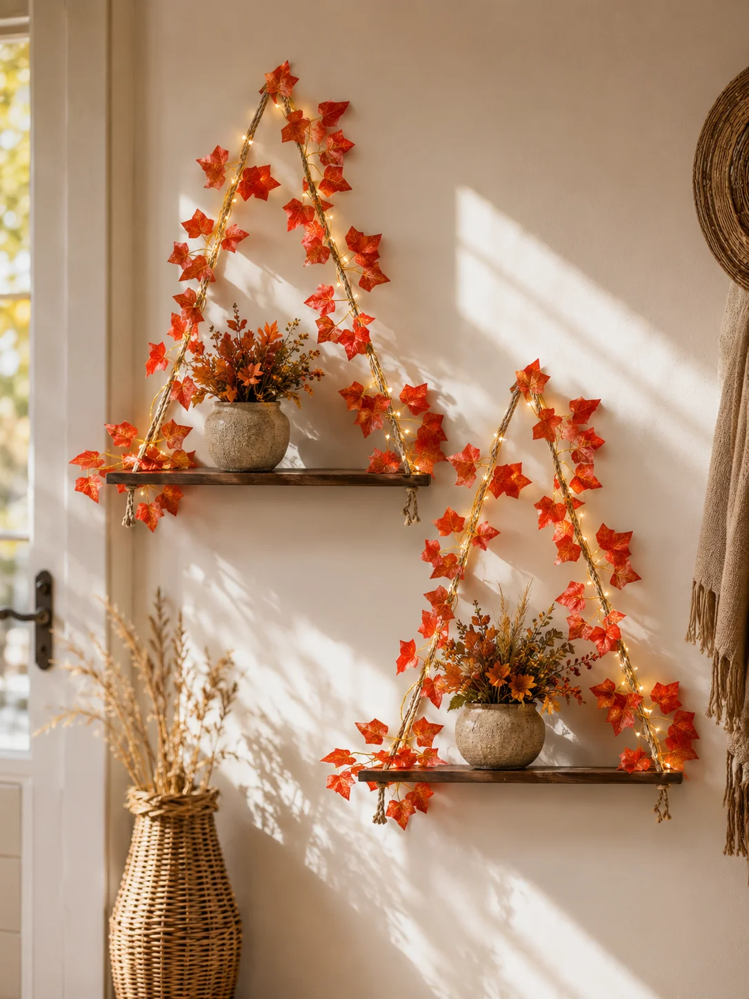 Triangle Rope Wooden Floating Wall Shelves with Autumn Maple Leaves LED Hanging Display Rack Boho Wall Mount Decor Storage Shelf