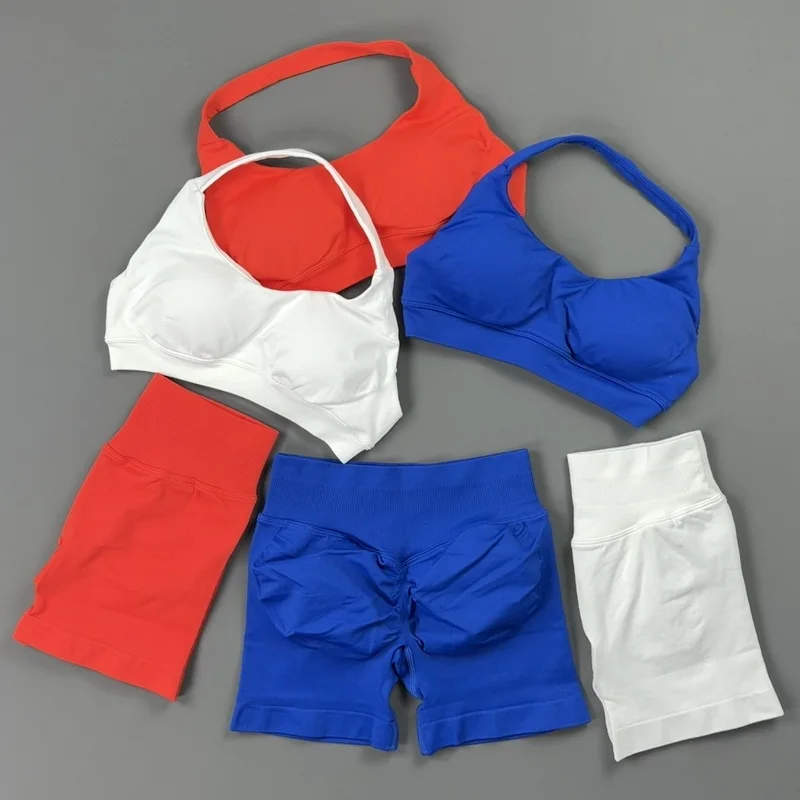 2 Pieces Women Yoga Set Halter Neck Sports Bra Scrunch Butt Lifting High Waist Shorts Sportswear Gym Workout Training Suit