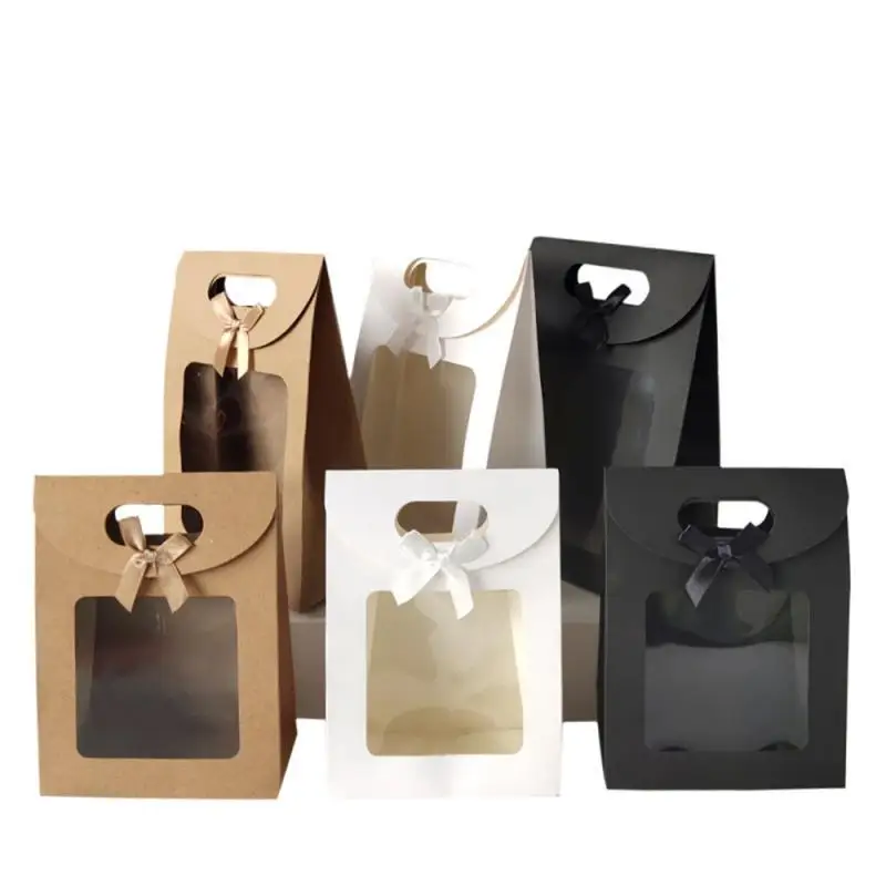 Black/White Gift Bags with Clear Window Kraft Paper Bag with handle Candy Biscuits Cake Packing Box Eid Mubarak Gift g Wholesale