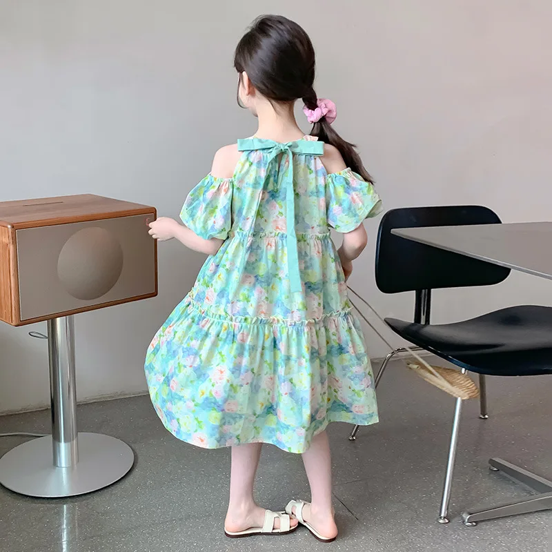 Girls Skirts 2024 Summer New Childrens Clothing Foreign Style Floral Little Girl Off-the-shoulder Princess Dress Fashion Casual