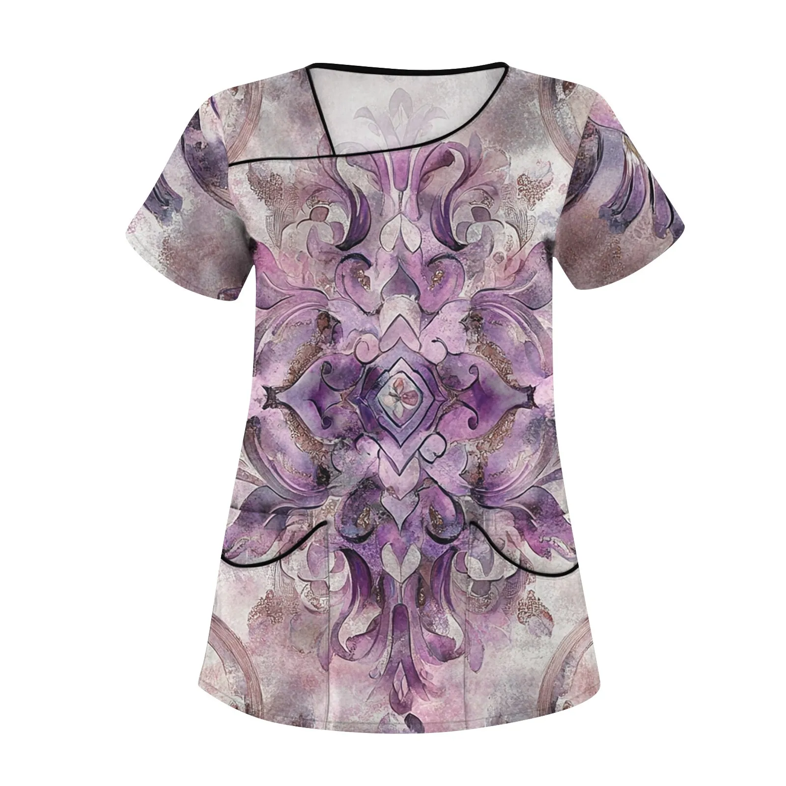Women's Oversized Breathable Casual Floral Printed Short Sleeve Sloping Collar Workwear Top with Pockets Comfy Working Uniform
