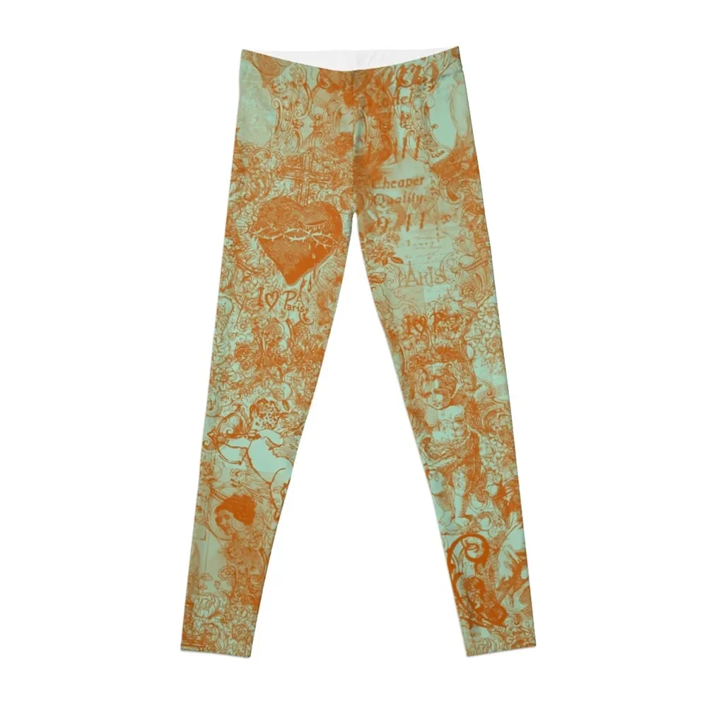 

Aqua And Rust Romantic Angels Flowers French Vintage Eifel Tower Toile Design Leggings gym womans Womens Leggings