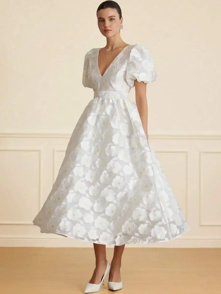 

White Floral Jacquard Midi Dress Featuring Deep V-Neck, Puffed Sleeves, Waist Definition And 3D Rose Motifs For Chic Date