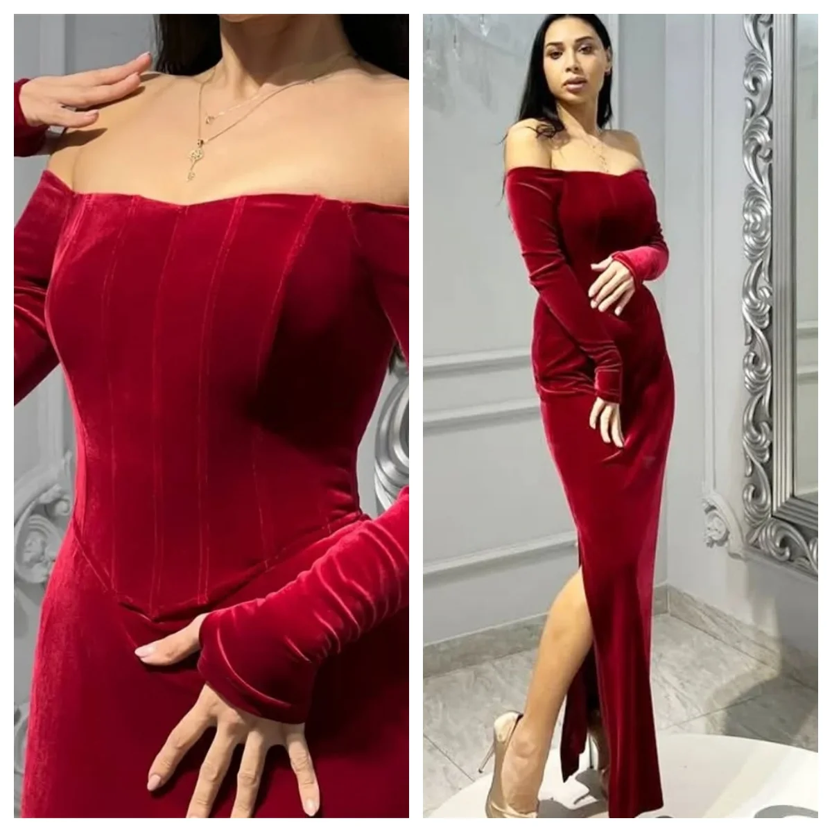 Customized Evening Dress Exquisite Burgundy Velvet Strapless Off the Shoulder Long Sleeves Elegant Mermaid Ruched Party Dresses
