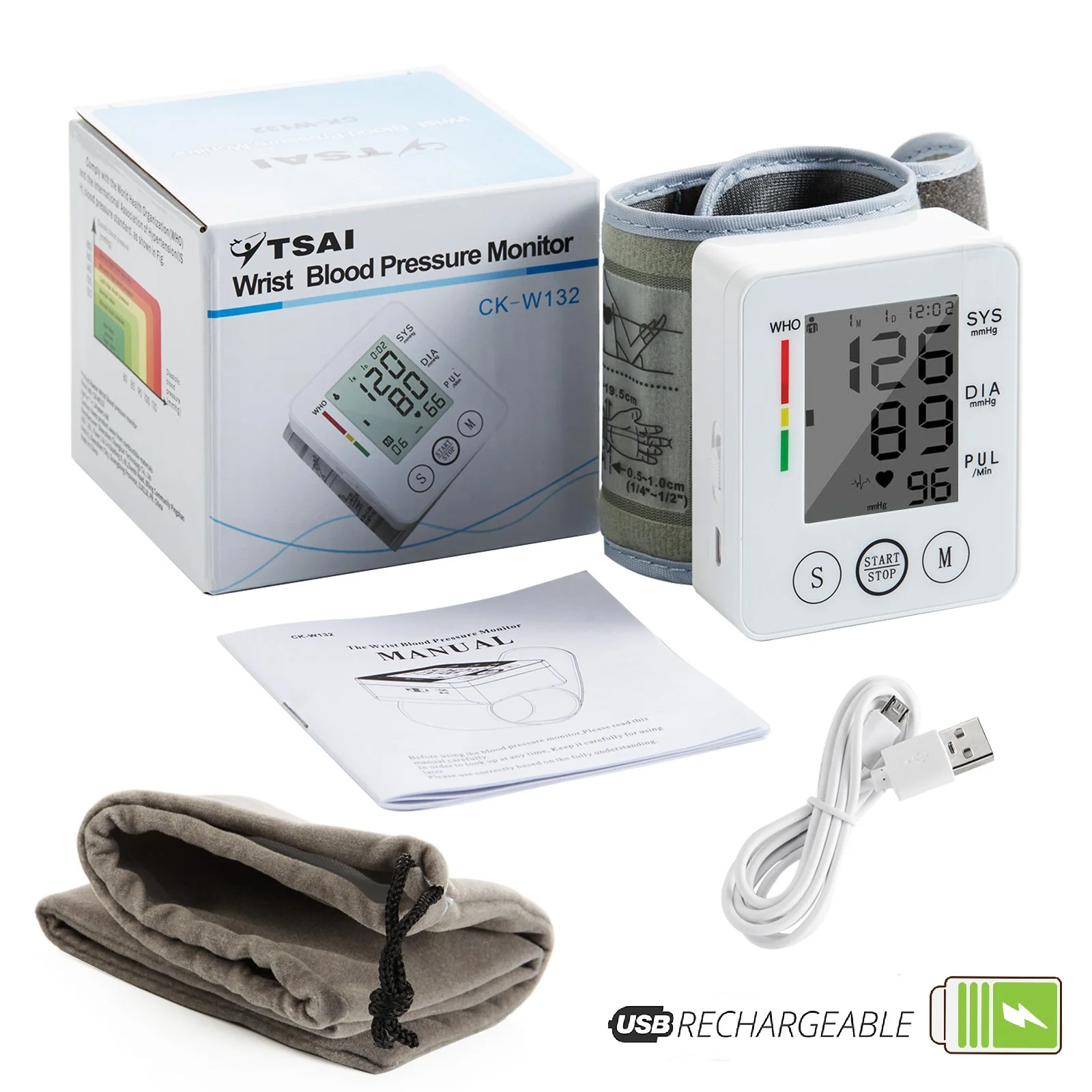 Rechargeable Wrist Blood Pressure Monitor Digital Automatic Blood Pressure Meter Heart Rate Pulse Sphygmomanometer Tonometer
