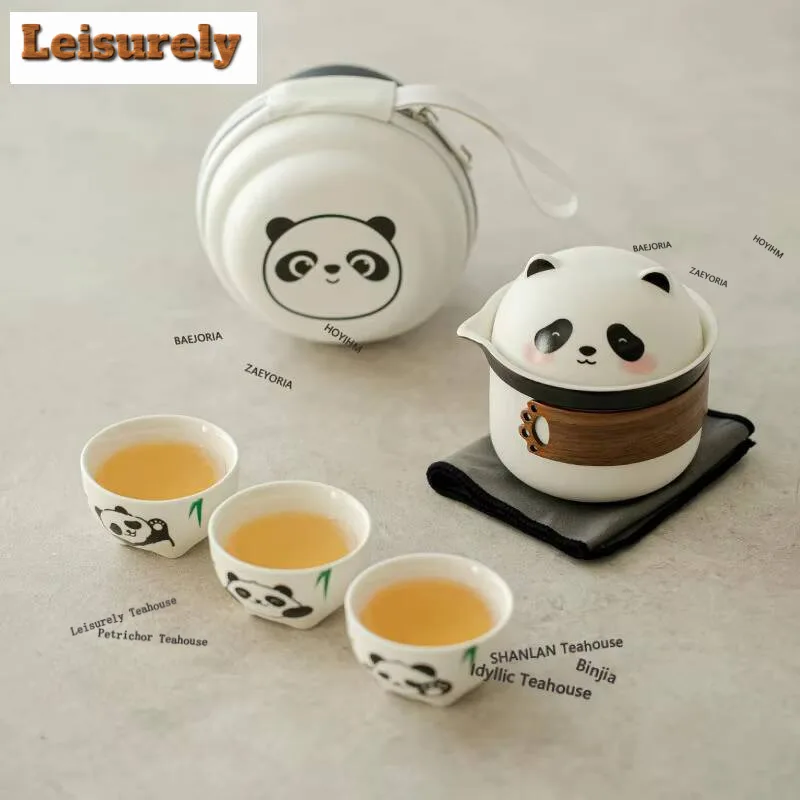 Panda Hand-grasp Pot Travel Tea Set Kit Elegant 1 Pot 3 Cups Tea Making Organizer Portable Camping Tote Bag Teaware Craft Gifts