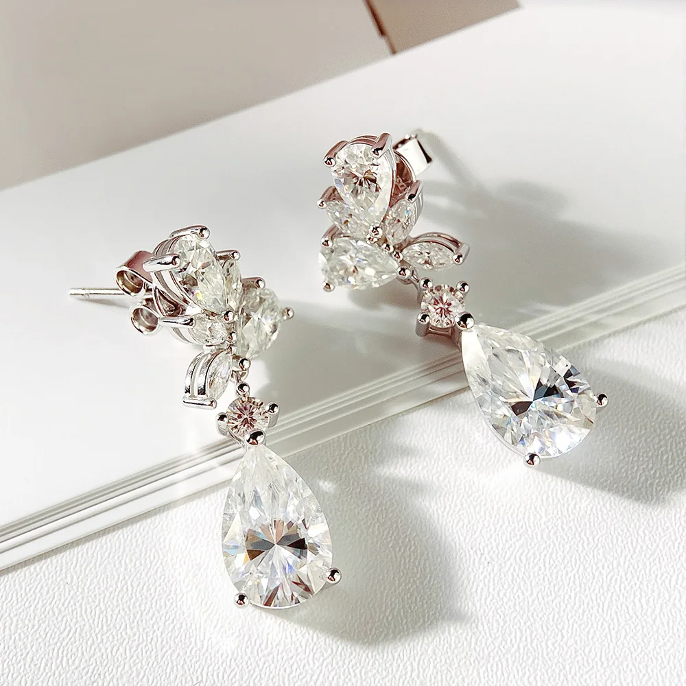 Serenity 8.8cttw All Moissanite Drop Earrings Women Wedding Gift S925 Sterling Silver Pear Cut Lab Diamond Luxuy Earring Jewelry
