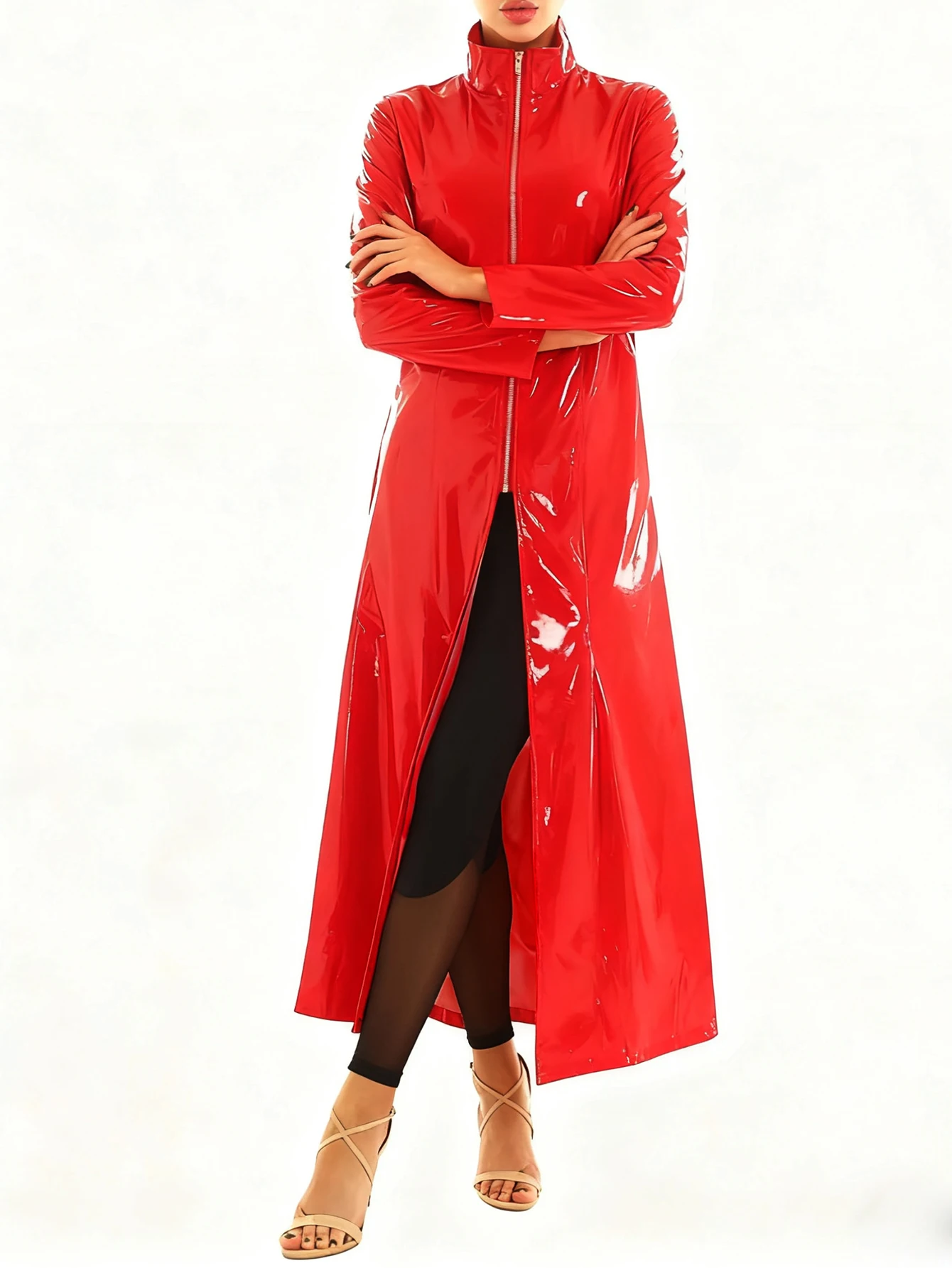 Damen Sexy Glänzender Wet-Look PU-Leder Langer Trenchcoat mit Hohem Kragen und Reißverschluss Vorne Clubwear Party Streetwear Kunstleder-Mantel Neu – Detail 10