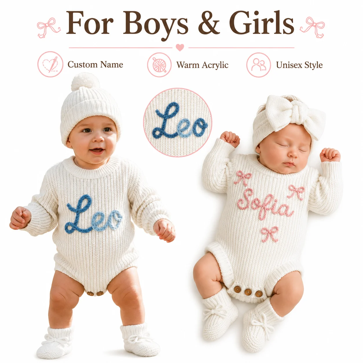 Personalized Name Baby Knitted Romper Hat Headband Socks Set White Autumn Infant Bodysuit Newborn Outfit Jumpsuit Clothes