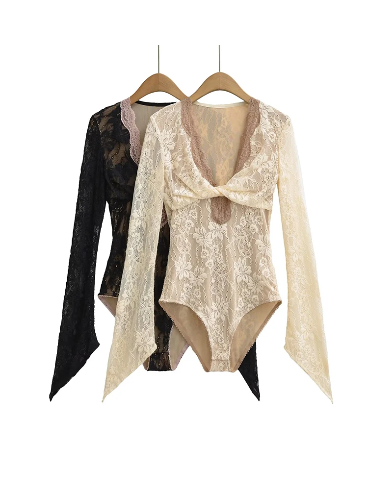 

Women Double-Layer Embossed Crochet Lace Floral Bodysuits Knot V-neck Flare Sleeve Tops Jumpsuits Stretchy Slim