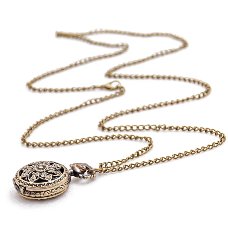 Fashion Vintage Retro Bronze quartz watch pocket Chain pendant necklace (lotus)