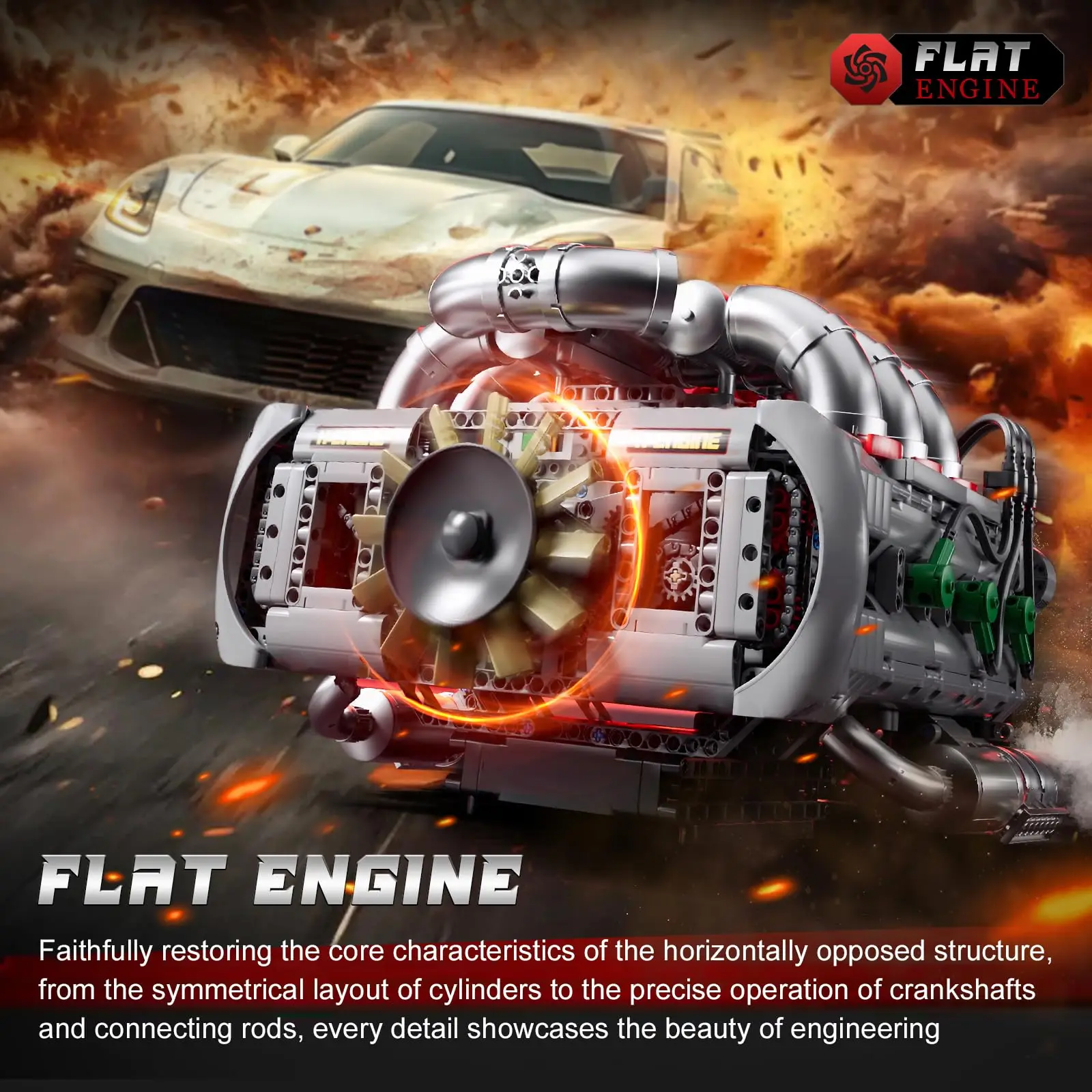 Flat-Six Engine Model Kit, Sport Car Engine Building Block with Battery Box, DIY Assembly Motorized Car Motor Kit Toys 2375PCS