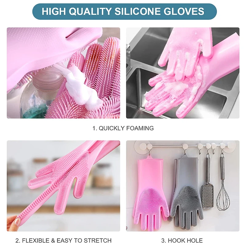 1Pair Dishwashing Cleaning Gloves Magic Silicone Rubber Dish Washing Gloves for Household Sponge Scrubber Kitchen Cleaning Tools