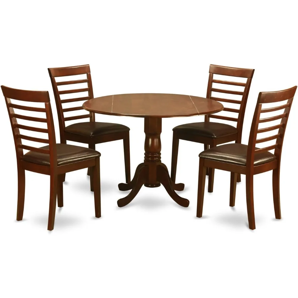 5 Piece Modern Set Includes a Round Wooden Table with Dropleaf and 4 Faux Leather Upholstered Dining Chairs, 42x42 Inch