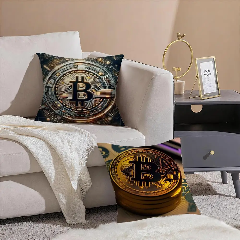 Bitcoin Cryptocurrency Btc Cushion Cover Silky Short Plush with Invisible Zipper Dustproof Sofa Pillow Cover for Home Decor